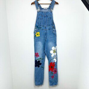 Misslook Floral Painted Denim Bib Overalls Festival Quirky Women's Size Small